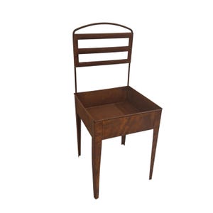 May include: A rust-colored metal planter shaped like a chair with four tapered legs, a square basin for soil, and a tall backrest featuring three horizontal slats and an arched top rail. The entire structure has a weathered, oxidized finish.
