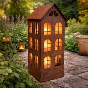 Decoratief roestig metalen huisje – lantaarn met roesteffect, tuin- en tafeldecoratie, metalen huisje in vintage-stijl, XXL roestige decoratie