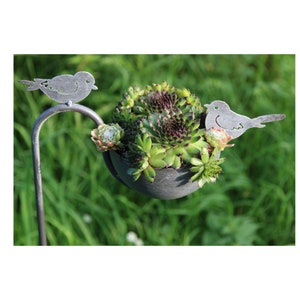 Garden stake for planting with small birds, metal garden decoration, powder-coated, gray bed stake, top plug, 100 cm