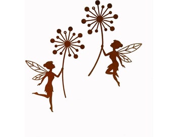 Fairy Tale with Dandelion, Metal Rust Garden Decoration, Weathered Steel, Rusty Figurine, Set of 2 for Hanging