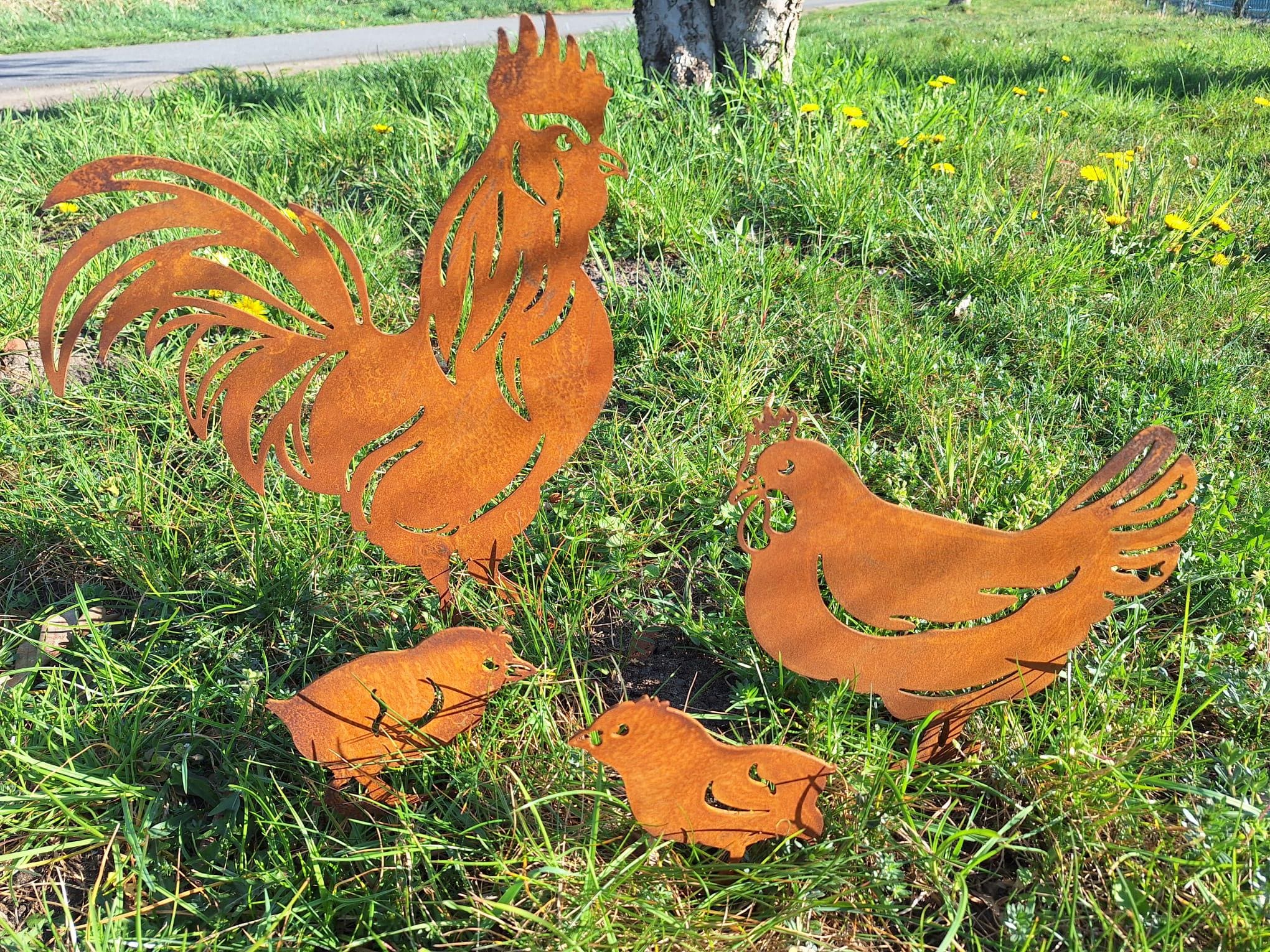 Hühnerfamilie Rostdeko Aus Metall – Hahn, Henne & Küken Als Garten- Oder Innendeko