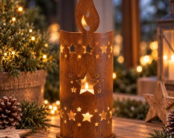 Rusty metal lantern 60 cm – Metal candle holder with stars – Rusty garden decoration – Christmas lantern – Flame