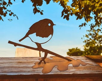 Gartendeko Meise Vogel auf Blatt aus Edelrost, Rostoptik rostige Dekoration wetterfeste Metallfigur Deko für Haus und Garten