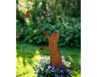 Piquet de jardin chat avec papillon métal patiné décoration de jardin piquet de jardin 50 cm rouillé décoration de jardin rouille naturelle piquet de lit