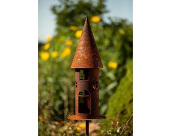 Vogelhaus XL zum Beleuchten Gartenstecker Edelrost Gartendeko Rost Metall Futterhaus Windlicht Teelicht Vogelfutterhaus rostige Dekoration