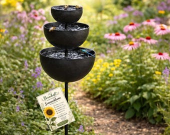Regenfänger Insektentränke Gartenstecker 75 cm | Metall Gartendeko | Bienen- & Vogeltränke | Geschenkset mit Bornhöft Samen