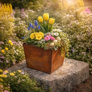 Könnte beinhalten: Ein quadratischer, verwitterter Metalltopf, der mit Frühlingsblumen überquillt. Gelbe Tulpen, blaue Traubenhyazinthen, rosa und gelbe Primeln und kleine weiße Gänseblümchen sind mit dekorativen, gesprenkelten Eiern arrangiert. Der Topf steht auf einer Steinoberfläche, umgeben von einem verschwommenen Garten.