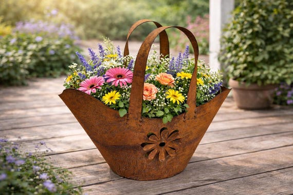 Tasche mit Blumen zum Bepflanzen Windlicht Beetdeko Metall Rost Gartendeko Edelrost rostige Deko für Garten Gartendekoration Geschenkset