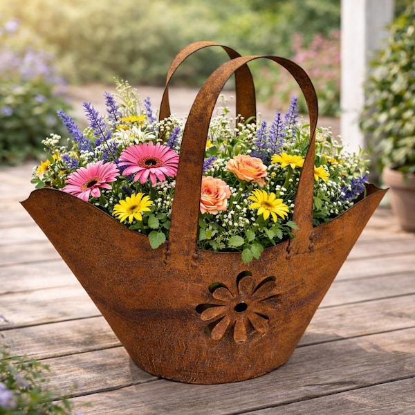 Bag with flowers for planting, lantern, flower bed decoration, metal, rust, garden decoration, weathered steel, rusty decoration for the garden, XXL garden decoration