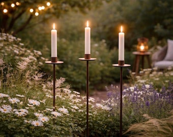 Ensemble de 3 bougeoirs, tuteurs de jardin, tuteurs de parterre de fleurs, décoration de jardin, chandeliers en métal rouillé, bougeoirs, chandeliers, décoration rouillée, 110 cm
