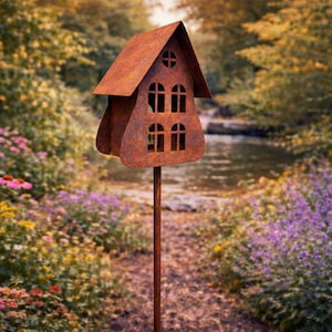 XXL vogelhuisje met verlichting, tuinpaal, tuindecoratie met roesteffect, metalen vogelvoederhuisje, lantaarn, tuindecoratie