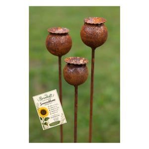 Garden stake poppy seed pod, rusted metal, set of 3, 70 cm, garden decoration, metal, rusted decoration, gift set for garden lovers, including exclusive seed packet