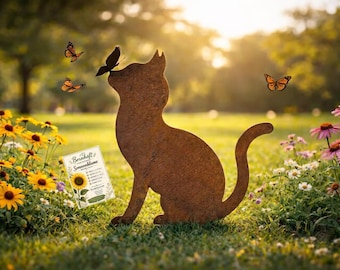 Garden decoration cat with butterfly, rust-effect metal figure, garden sculpture, rusty metal decoration, garden stake gift set