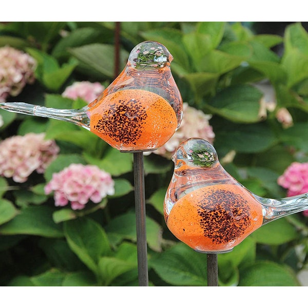 Garden Plug Set of 2 Glass Bird Bedding Plug Pot Plug Metal Rust Garden Decoration Stainless Rust Glass Decoration Orange Black