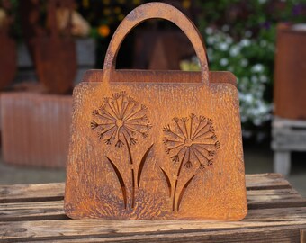 Tasche mit Pusteblume zum Bepflanzen Windlicht Beetdeko Metall Rost Gartendeko Edelrost rostige Deko für den Garten oder Eingangsbereich