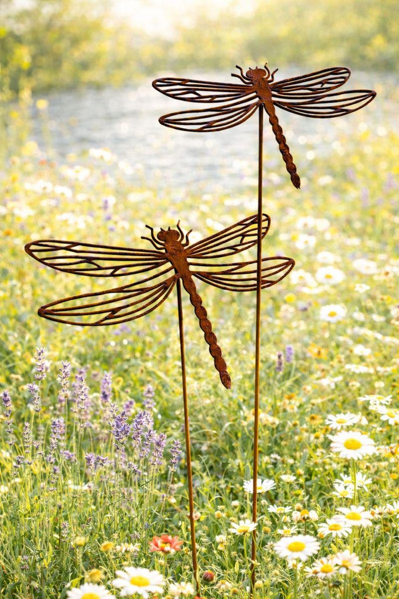 May include: Two rust-coloured metal dragonfly garden stakes featuring intricate cut-out wing patterns and long, slender bodies. Each dragonfly is mounted on a thin, straight metal rod, designed to be inserted into the ground for outdoor display.