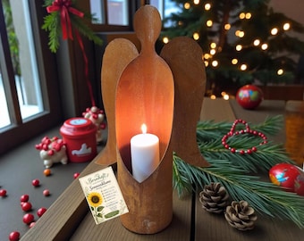 Edelrost Engel Windlicht 50 cm Weihnachtsdeko Metall Rost Deko Adventsdeko Kerzenhalter Engel Winterdeko Geschenk Weihnachten Garten