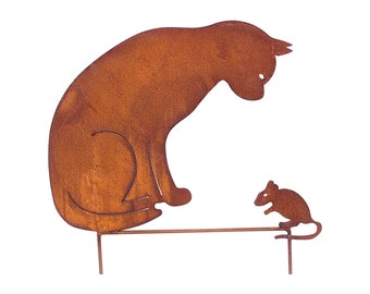 Gartenstecker Katze mit Maus Metall Edelrost Gartendeko Gartenstecker 50cm rostige Gartendekoration Naturrost Beetstecker