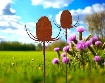 Set of 2 garden stakes metal flower rust garden decoration rusty decoration rust bed stake pot stake rusty thistle flower
