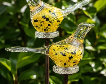 2er Set Glasvögel Gelb  Gartenstecker Handarbeit Glasvogel Vogelstecker Gartendeko Beetdeko Geschenk Garten Dekovögel Metallstab