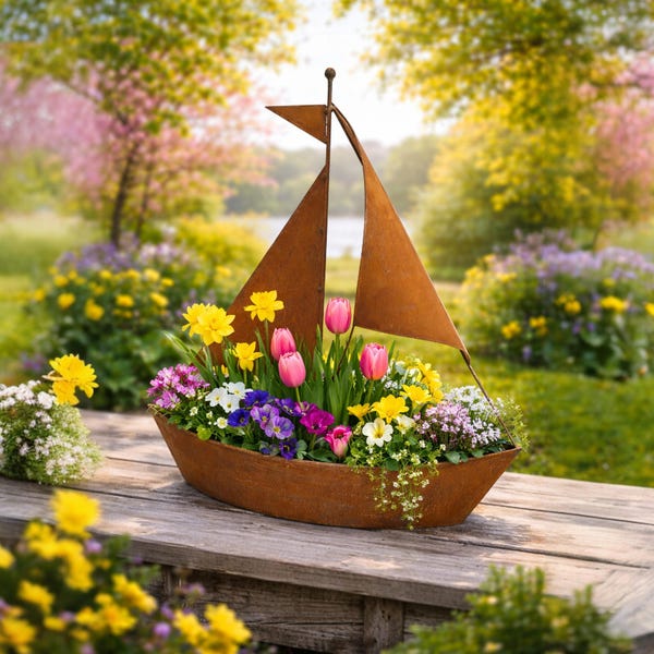 Patina ship for planting garden decoration 65 cm high / 54 cm long rusty garden decoration pond angler planting bowl