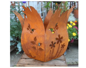 Rusty Metal Windlight XXL with Flowers and Butterflies, Garden Decoration, Rusty Decor for the Garden
