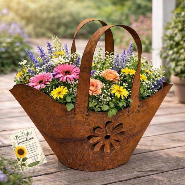 Bag with flowers for planting, lantern, garden decoration, metal, rust, garden decoration, weathered steel, rusty decoration for garden, garden decoration, gift set