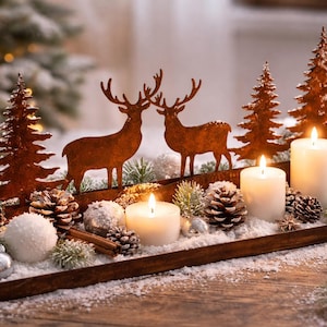 Winterlandschap, lantaarn, tuindecoratie, kaarsenhuis, huizenrij, roestige ramen, decoratie, dienblad, kaarsen, vensterbank, verweerd staal, roestig