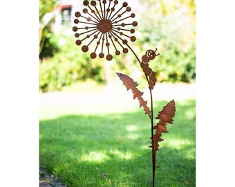 Garden stake dandelion with funny caterpillar made of patina metal rust garden decoration patina rusty bed stake