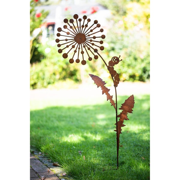 Gartenstecker Pusteblume mit lustiger Raupe aus Edelrost Metall Rost Gartendeko Edelrost rostiger Beetstecker