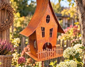 Garden stake house made of weathered steel – metal garden house on a stake, garden decoration, rust decoration, fairytale garden house