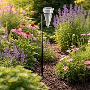 Può includere: Un pluviometro in vetro trasparente con un supporto in metallo è posto in un giardino. L'indicatore è a forma di cono con segni di misurazione. Il giardino presenta vari fiori nei toni del rosa, viola e verde, creando una vivace scena all'aperto.