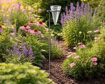 Regenmesser mit Eisenstab mit Edelrost 100cm Gartenstecker aus Vollmaterial Glas Regenmesser – Gartendeko Wetterstation Geschenk für Gärtner