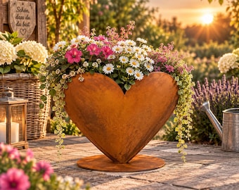 Rusty metal heart planter, 40 cm – Heart-shaped metal planter – Rusty garden decoration – Heart-shaped planter – Garden decoration for patio & balcony