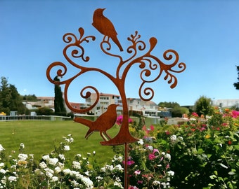 Piquet de jardin oiseaux romantiques dans le parterre d'arbre piquet de pot en métal rouille décoration de jardin patine rouillée décoration de jardin