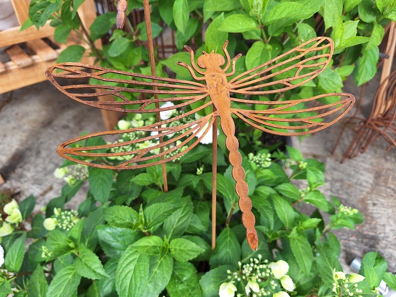 May include: A rust-coloured metal dragonfly garden stake featuring a detailed cutout wing pattern and a segmented body. The dragonfly is attached to a thin metal rod, designed to be inserted into the ground for outdoor display in a garden setting.