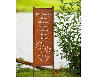 Schild prikbord tuinbord patina roest om in te steken roestige tuindecoratie Een tuin zonder bloemen.....116 cm metalen bord XXL