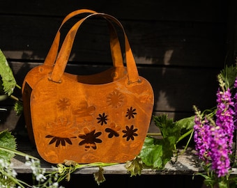 Tasche mit Blumen zum Bepflanzen Windlicht Beetdeko Metall Rost Gartendeko Edelrost rostige Deko für den Garten 24 cm x 22cm
