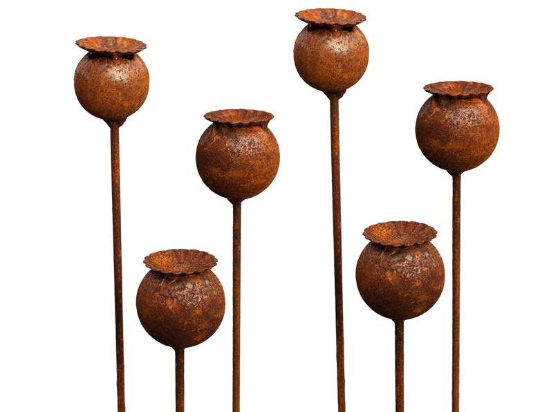 Peut inclure: Six sculptures de coquelicots en m&eacute;tal rouill&eacute;. Chaque sculpture pr&eacute;sente une t&ecirc;te de graine sph&eacute;rique sur une tige fine, avec un aspect vieilli et textur&eacute;. Les t&ecirc;tes de graines ont un d&eacute;tail froiss&eacute; en forme de couronne.