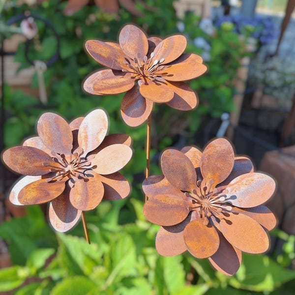 Set of 3 flower decorations, rust-effect, garden decorations, flower stakes, garden stakes, rust-effect garden decorations, garden plant stakes