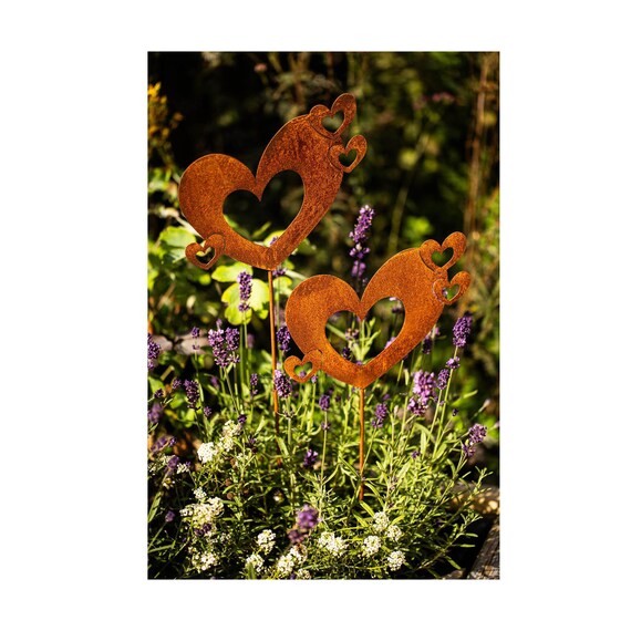 Lot De 3 Piquets Décoratifs En Cœur - Métal Rouillé - Hauteur 30cm - Pour Jardin, Terrasse, Balcon