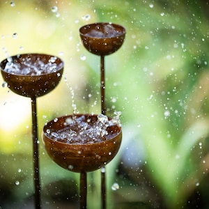 Set of 3 rain catcher garden stakes rust insect waterer metal garden decoration rust patina rust look rusty flower bed stake top stake