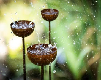 Set of 3 rain catcher garden stakes rust insect waterer metal garden decoration rust patina rust look rusty flower bed stake top stake