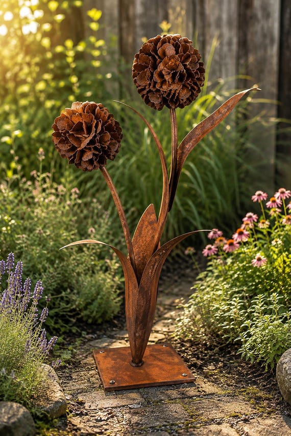 Pusteblume aus Edelrost | Deko-Blume aus Metall für den Garten | H 90cm | 2 Blüten Gartendekoration rostige Deko