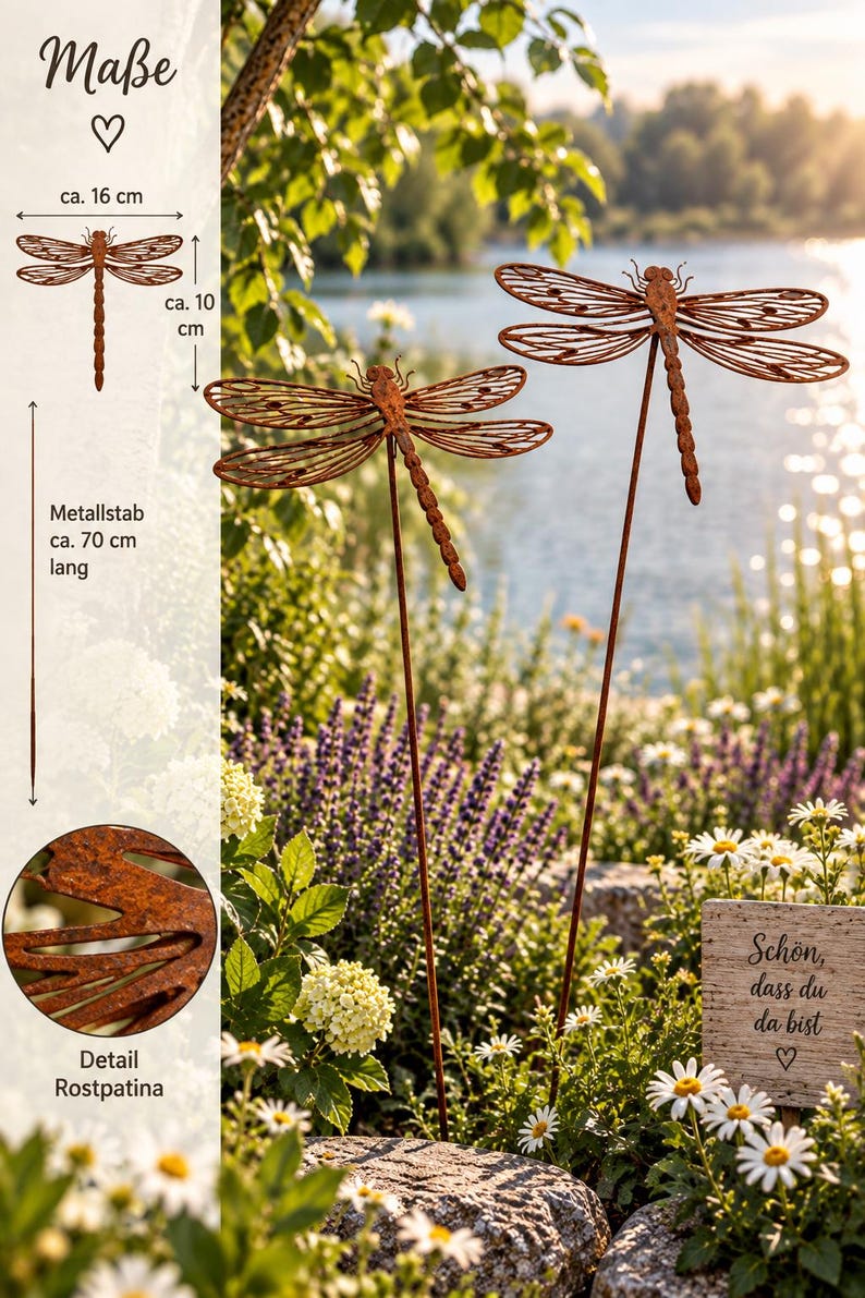 May include: Two rust-coloured metal dragonfly garden stakes with intricate wing patterns. The dragonfly bodies measure approximately 16 cm wide by 10 cm tall, attached to metal rods approximately 70 cm long. A sign reads "Sch&ouml;n, dass du da bist".
