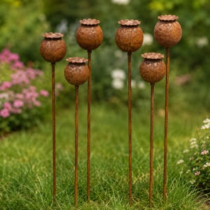 Könnte beinhalten: Ein Set aus sechs rostfarbenen Metall-Gartensteckern, die jeweils mit einer kugelförmigen Mohnkapsel-Skulptur versehen sind. Die Skulpturen haben eine texturierte, verwitterte braune Oberfläche und eine flache, gewellte Kappe.