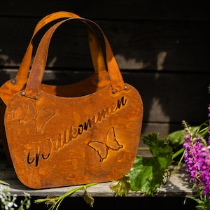 Zak met bloemen om te planten, lantaarn, tuindecoratie, metaal, roest, tuindecoratie, verweerd staal, roestige decoratie voor de tuin, 24 cm x 22 cm