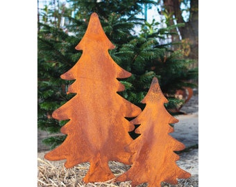 Lot de 2 piquets de jardin en forme de sapin de Noël en métal rouille - Décoration de jardin patinée - Piquets de lit très solides en fer - Décoration de Noël