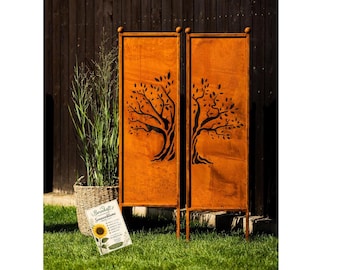 Set of 2, weathered steel privacy screens, Tree of Life design, 116 cm, metal garden panel, privacy screen, garden decoration, rusted metal room divider, flower bed decoration