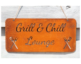 Sign saying rusty garden sign patina rust to hang garden decoration grill + chill lounge